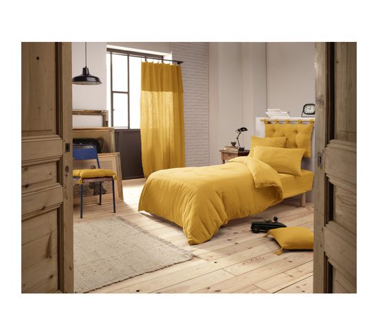 Pack Housse De Couette "gaïa"- "gaze De Coton" - Gaïa Safran - Pack 3 Pièces Pour Lit 90 X 190 Cm