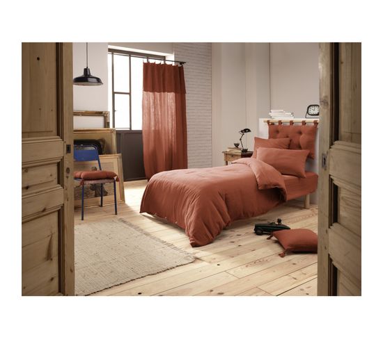 Pack Housse De Couette "gaïa"- "gaze De Coton" - Terracotta - Pack 3 Pièces Pour Lit 90 X 190 Cm