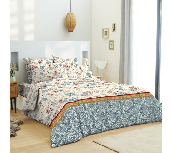 Pack Complet Housse De Couette Réversible Pour Lit 160 X 200 Cm Nature Bleu