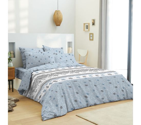 Pack Complet Housse De Couette Réversible Pour Lit 140 X 190 Cm Heart Bleu