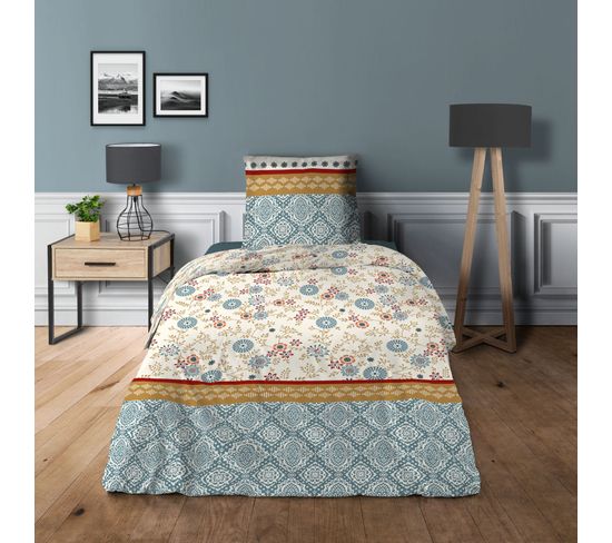 Parure De Couette Pour Lit 90 X 190 Cm Nature Bleu 100% Coton / 57 Fils/cm²