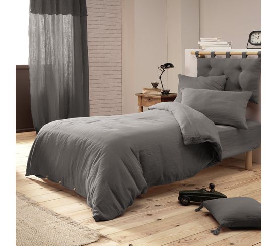 Housse De Couette Gaze De Coton Bio 140x200 Cm 1 Personne Gris Anthracite