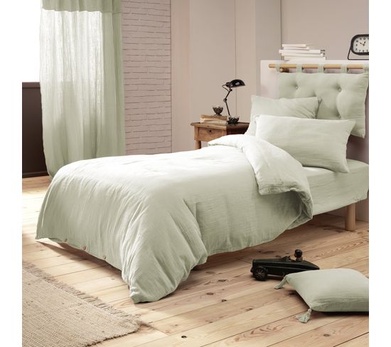 Housse De Couette Gaze De Coton Bio 140x200 Cm 1 Personne Vert D'eau