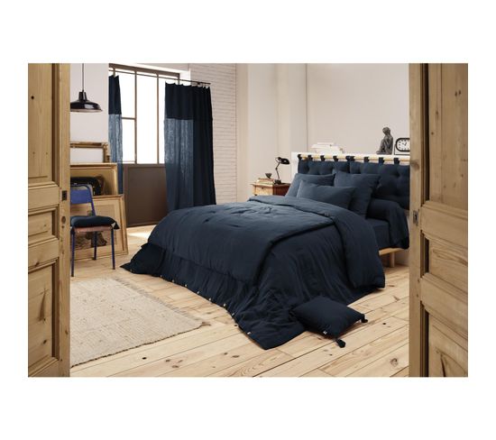 Housse De Couette Double Gaze De Coton Luxe  200 X 200 Cm Gaia Bleu Foncé