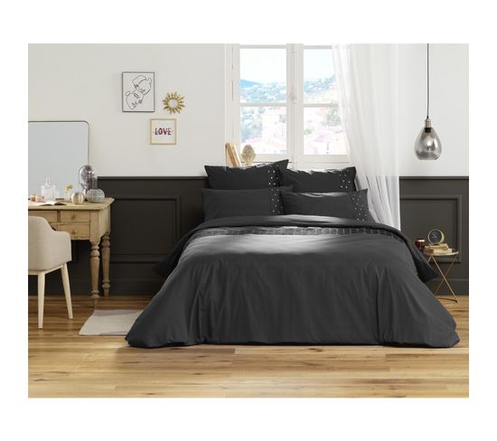 Housse De Couette 100% Coton Luxe 57 Fils 200 X 200 Cm Agathe Anthracite