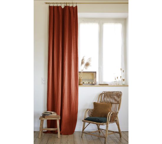 Rideau Ajustable + 8 Anneaux Pince 140 X 270 Cm Lin Lavé Français Luxe Soline Paprika