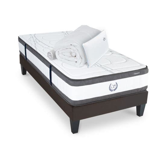 Ensemble Matelas Signature Ressorts Ensachés Accueil Mémoire + Sommier Gris+accessoires -90 X 190 Cm