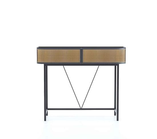 Daphne - Table Console Noire Avec Tiroirs Rotin Tressé