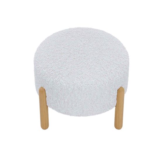 Camelia - Pouf Laine Bouclée Blanche et Bois