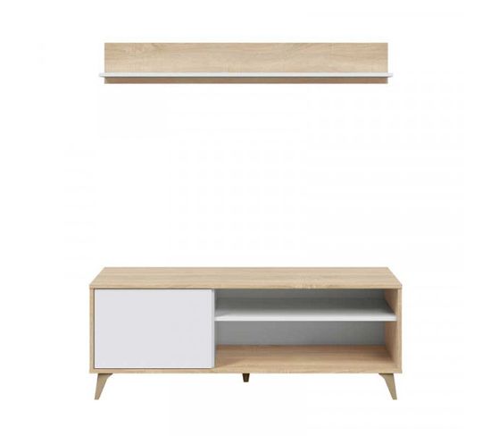 Meuble TV Avec Étagère Blanc/chêne - Sag - L 135 X L 40 X H 50 Cm