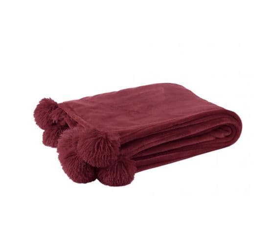 Plaid Pompon Polyester Bordeaux - L 173 X L 126 X H 1 Cm