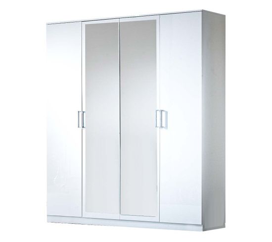 Armoire 4 Portes Battantes 2 Miroirs Laqué Blanc Brillant - Arezzo - L 182 X L 63 X H 210 Cm