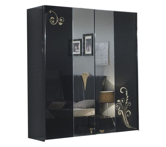 Armoire 2 Portes Coulissantes Laqué Noir Brillant / Or - Seborga - L 182 X L 63 X H 210 Cm