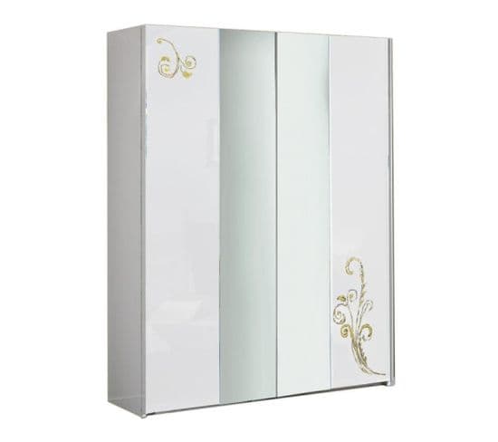 Armoire 2 Portes Coulissantes Laqué Blanc Brillant / Or - Seborga - L 182 X L 63 X H 210 Cm