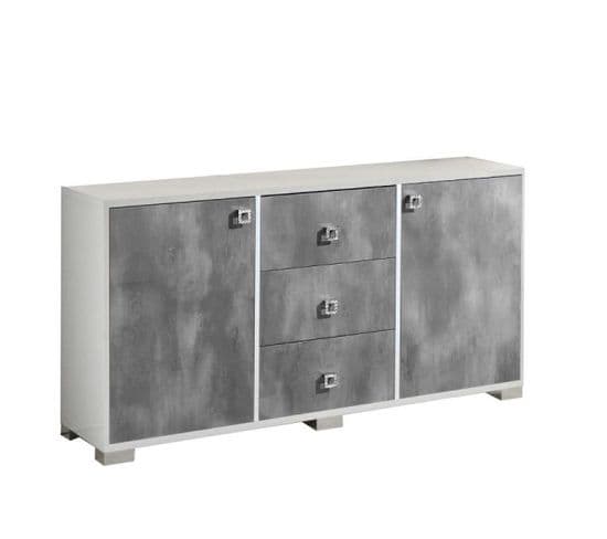 Buffet 2 Portes 3 Tiroirs Laqué Blanc Brillant/gris - Avellino - L 160 X L 50 X H 82 Cm