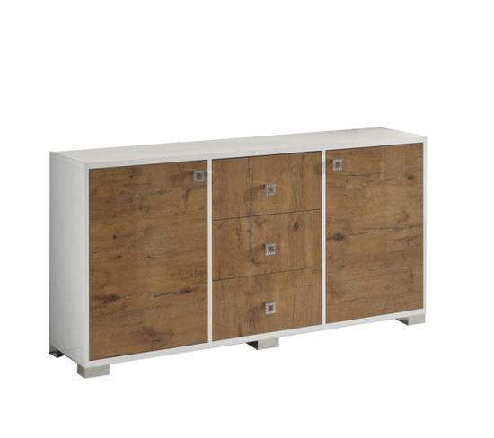 Buffet 2 Portes 3 Tiroirs Laqué Blanc Brillant/bois - Avellino - L 160 X L 50 X H 82 Cm