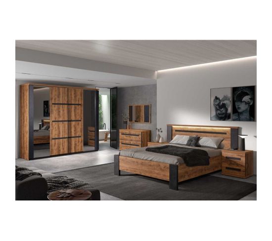 Chambre Complète (140*190) Bois Tropical À Leds - Hades N°1