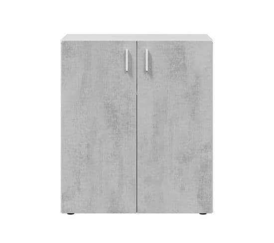 Armoire Basse 2 Portes Battantes Blanc/béton - Siminti - L 80 X L 37 X H 92 Cm