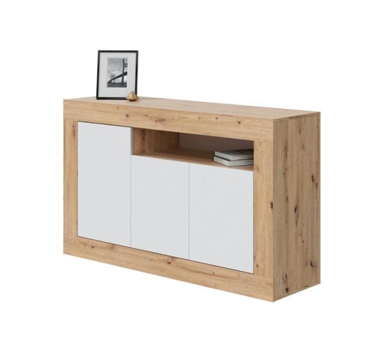 Buffet 3 Portes 1 Niche Blanc/chêne - Toza - L 144 X L 42 X H 87 Cm