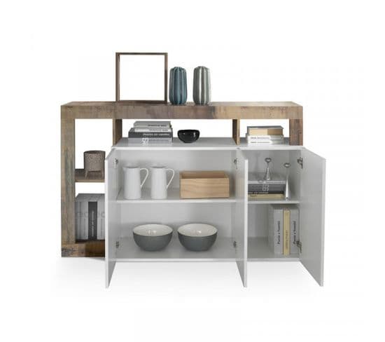 Buffet Moderne En Bois 3 Portes Blanc Laqué Brillant/bois Fumé - Positano - L 146 X L 42 X H 93 Cm