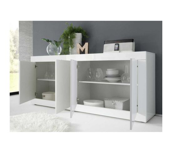 Buffet Moderne 4 Portes En Bois Blanc Laqué Brillant - Milan - L 207 X L 43 X H 86 Cm