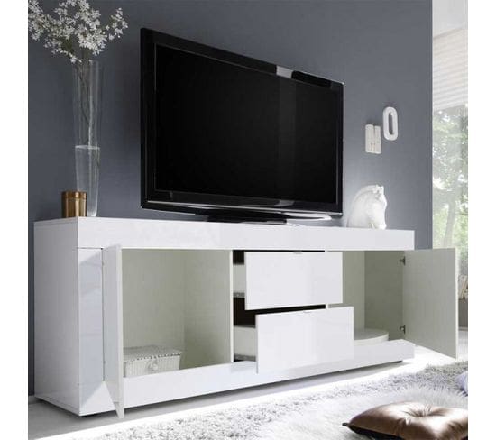 Meuble TV Moderne 2 Portes En Bois Blanc Laqué Brillant - Milan - L 210 X L 43 X H 66 Cm
