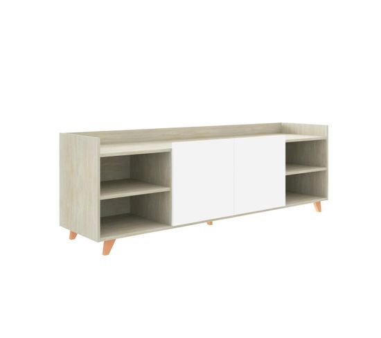 Meuble TV 2 Portes 4 Niches Bois/blanc - Rora - L 180 X L 44 X H 53 Cm