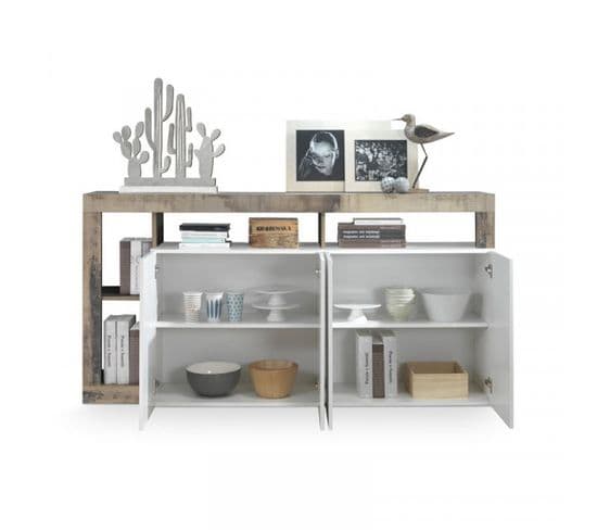 Buffet Moderne En Bois 4 Portes Blanc Laqué Brillant/bois Fumé - Positano - L 184 X L 42 X H 93 Cm