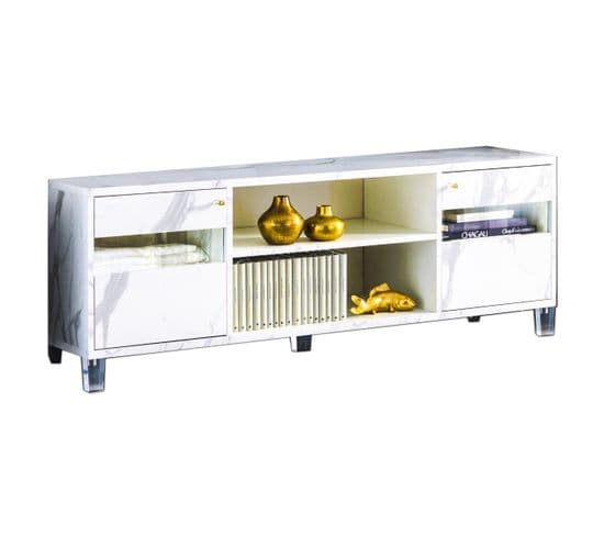 Meuble TV Marbre Blanc Brillant - Carrare - L 160 X L 47 X H 61 Cm