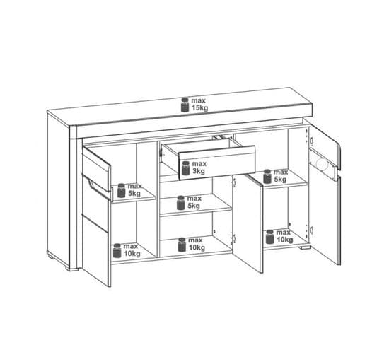 Buffet 3 Portes 1 Tiroir Blanc Brillant à LED - Kiele - L 152 X L 39 X H 89 Cm