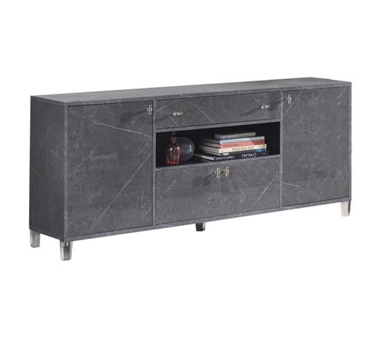 Buffet 4 Portes Marbre Gris Brillant - Carrare - L 190 X L 47 X H 81 Cm