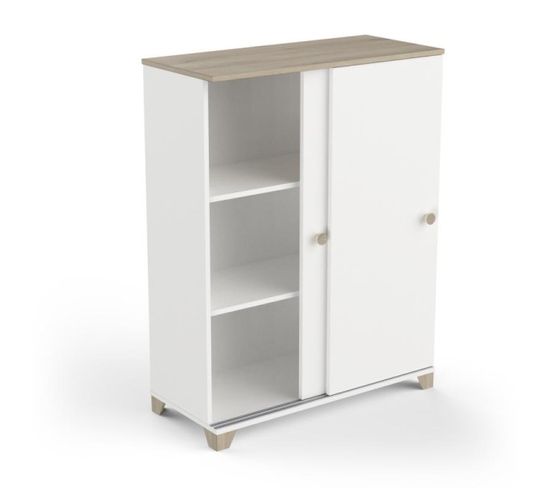 Buffet 2 Portes Coulissantes Blanc Mat/chêne Clair - Zily - L 80 X L 35 X H 101 Cm