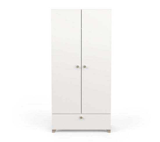 Armoire Penderie 2 Portes Battantes 1 Tiroir Blanc Mat/chêne Clair - Zily - L 90 X L 52 X H 188 Cm