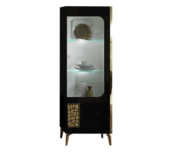 Vitrine Droite 1 Porte Battante à LED Noir Brillant/or - Nahesa - Vitrine : L 60 X L 45 X H 181 Cm