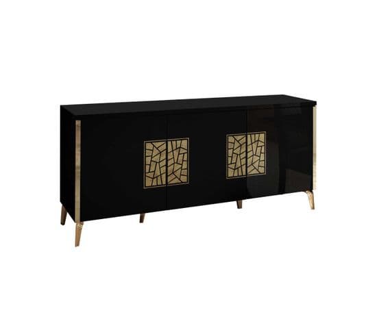 Buffet 3 Portes Battantes + Miroir Noir Brillant/or - Nahesa