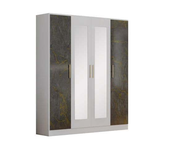 Armoire 4 Portes Battantes Blanc/marbre Gris Brillant - Marguerite - L 162 X L 52 X H 199 Cm