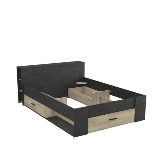 Lit 140x190 Chêne/noir + Rangements - Kamra - L 150 X L 217 X H 76 Cm