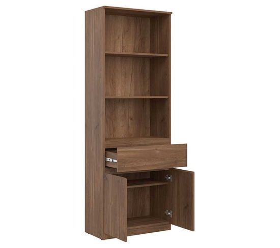 Bibliothèque 2 Portes Battantes 1 Tiroir Bois Marron - Qiz - L 68.5 X L 35 X H 194 Cm