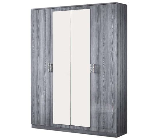 Armoire 4 Portes Battantes 2 Miroirs Laqué Gris Brillant - Feny - L 181 X L 54 X H 210 Cm