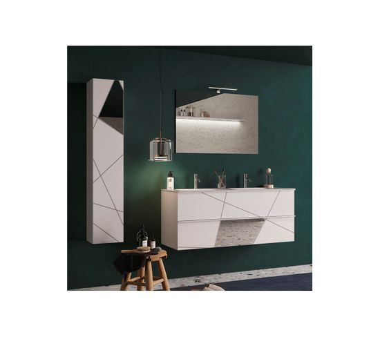 Meuble Sous-vasque 120 Cm Laqué Blanc Brillant + Vasque + Miroir LED + Colonne - Metria