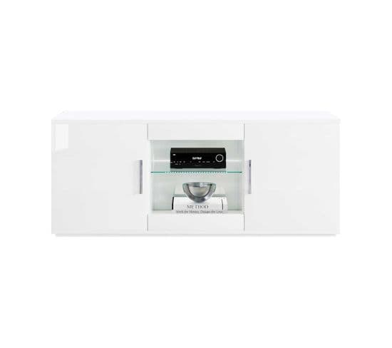 Meuble TV 2 Portes Blanc/blanc Laqué à LEDs - Reve - L 150 X L 47 X H 63 Cm