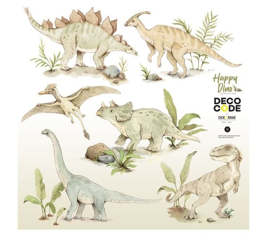 Sticker Mural Dinosaures Aquarelles Pour Décoration Enfantine 100 X 100 Cm Beige