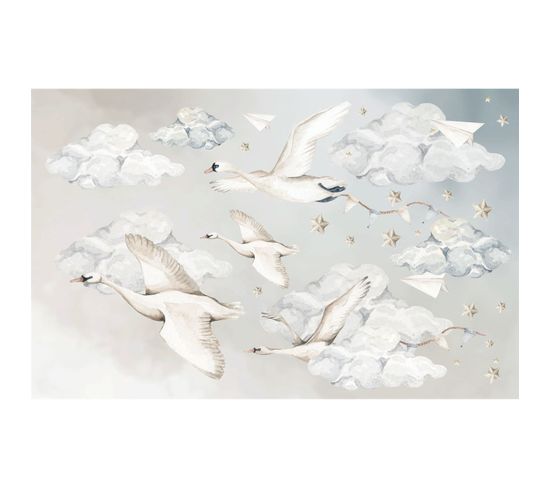 Sticker Mural Céleste Avec Cygnes Et Nuages Décoratifs 155 X 100 Cm Blanc