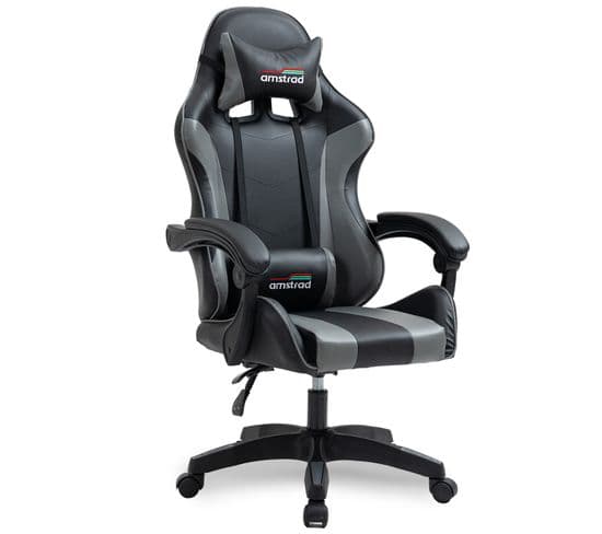 Fauteuil Gamer Ams-800-black Coloris Noir Et Gris- Coussin Lombaire Et Appuie Tête