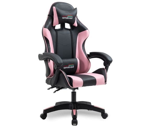 Fauteuil Gamer Ams-800-pink Coloris Noir Et Rose - Coussin Lombaire Et Appuie Tête