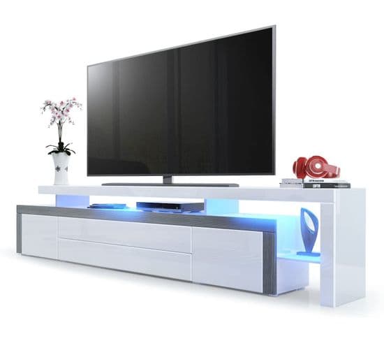 Meuble TV Laqué Blanc Et Avola- Anthracite  LED Rgb 227 X 52 X 35 Cm
