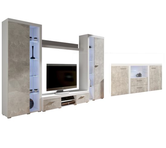 Ensemble Meuble TV Rumba Xl 300 Cm - Couleur: Blanc-beton - Avec Buffet