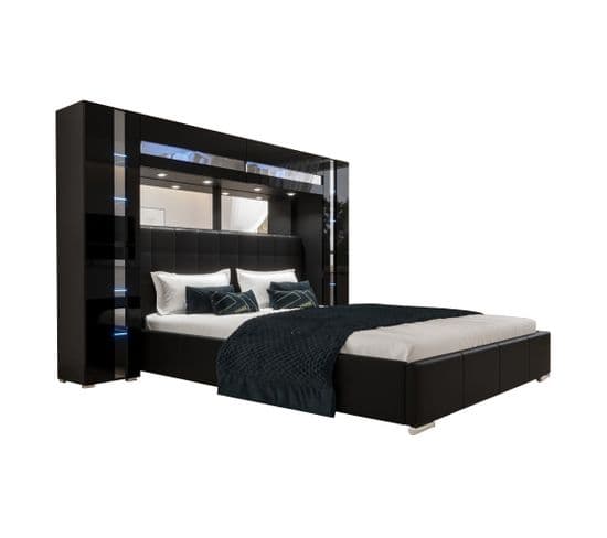 Tête De Lit Avec Rangement Armoire - Pont De Lit Panama 14-hg-b-1-1a Noir/noir Brillant 256x184x35cm