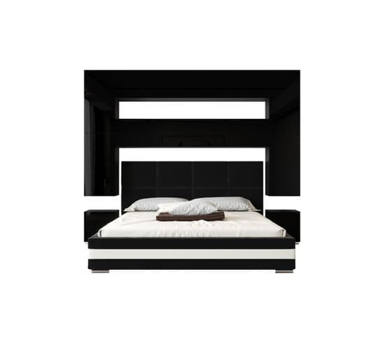 Tête De Lit Avec Rangement Armoire - Pont De Lit Panama 4/hg/b/1-1b Noir/noir Brillant 240x223x35cm