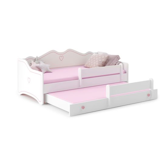 Lit Gigogne Enfant Emy 2*160x80cm Avec - Rose - Coeur